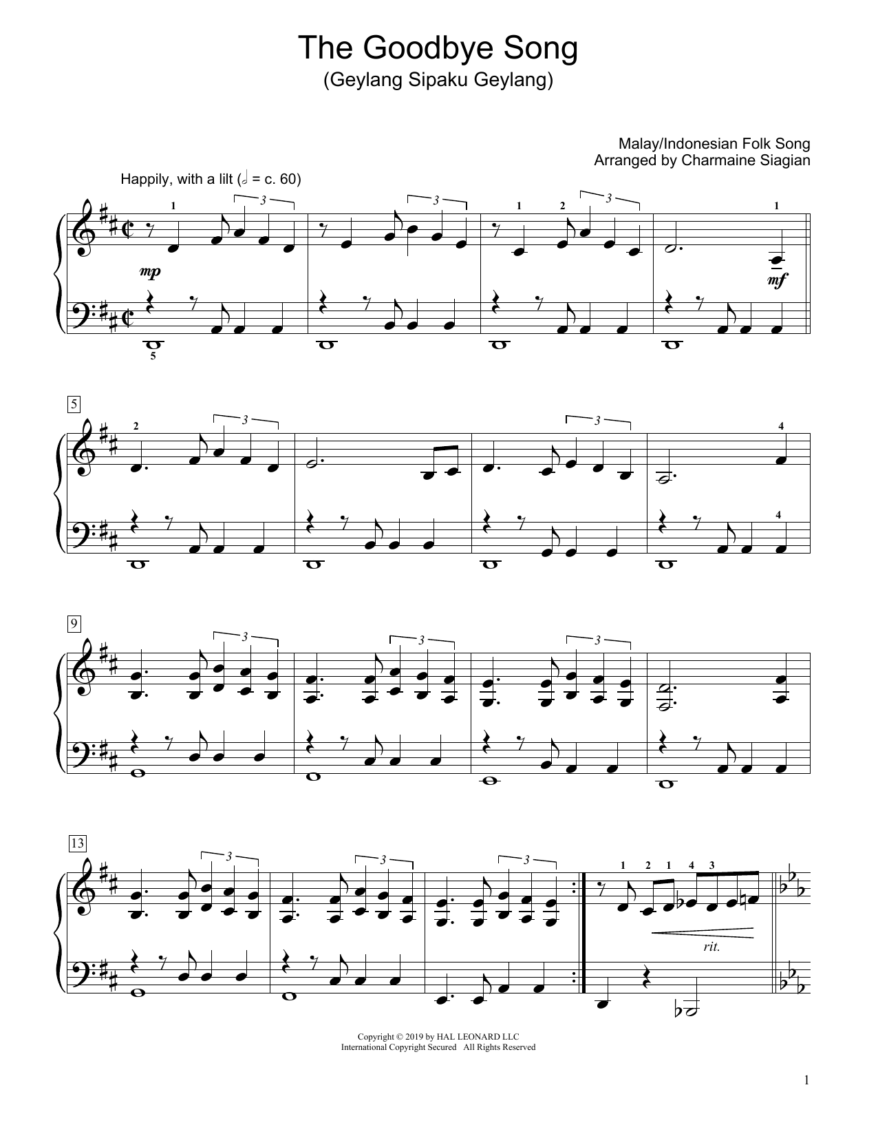 Learn to play Traditional The Goodbye Song (Geylang Sipaku Geylang) (arr. Charmaine Siagian) sheet music for Educational Piano in minutes. Traditional The Goodbye Song (Geylang Sipaku Geylang) (arr. Charmaine Siagian) sheet music preview music notes and score for Educational Piano including 2 page(s)
