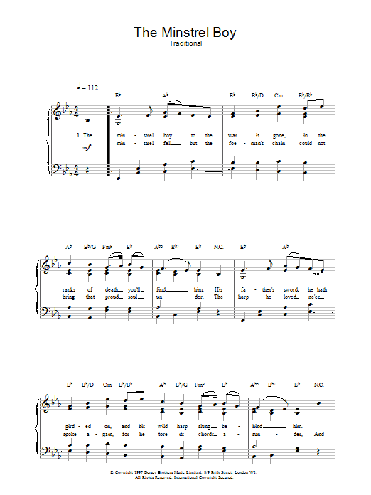 Traditional The Minstrel Boy sheet music preview music notes and score for Piano including 2 page(s)