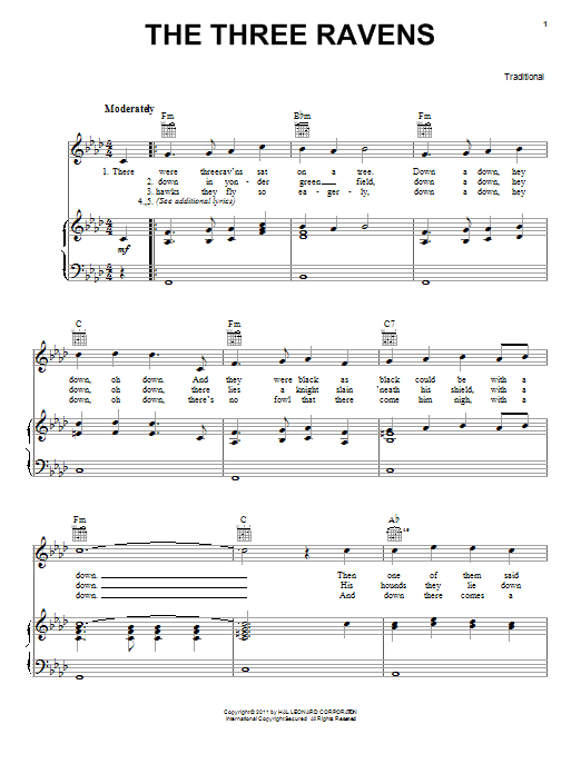 Learn to play Traditional The Three Ravens sheet music for Piano, Vocal & Guitar (Right-Hand Melody) in minutes. Traditional The Three Ravens sheet music preview music notes and score for Piano, Vocal & Guitar (Right-Hand Melody) including 2 page(s)