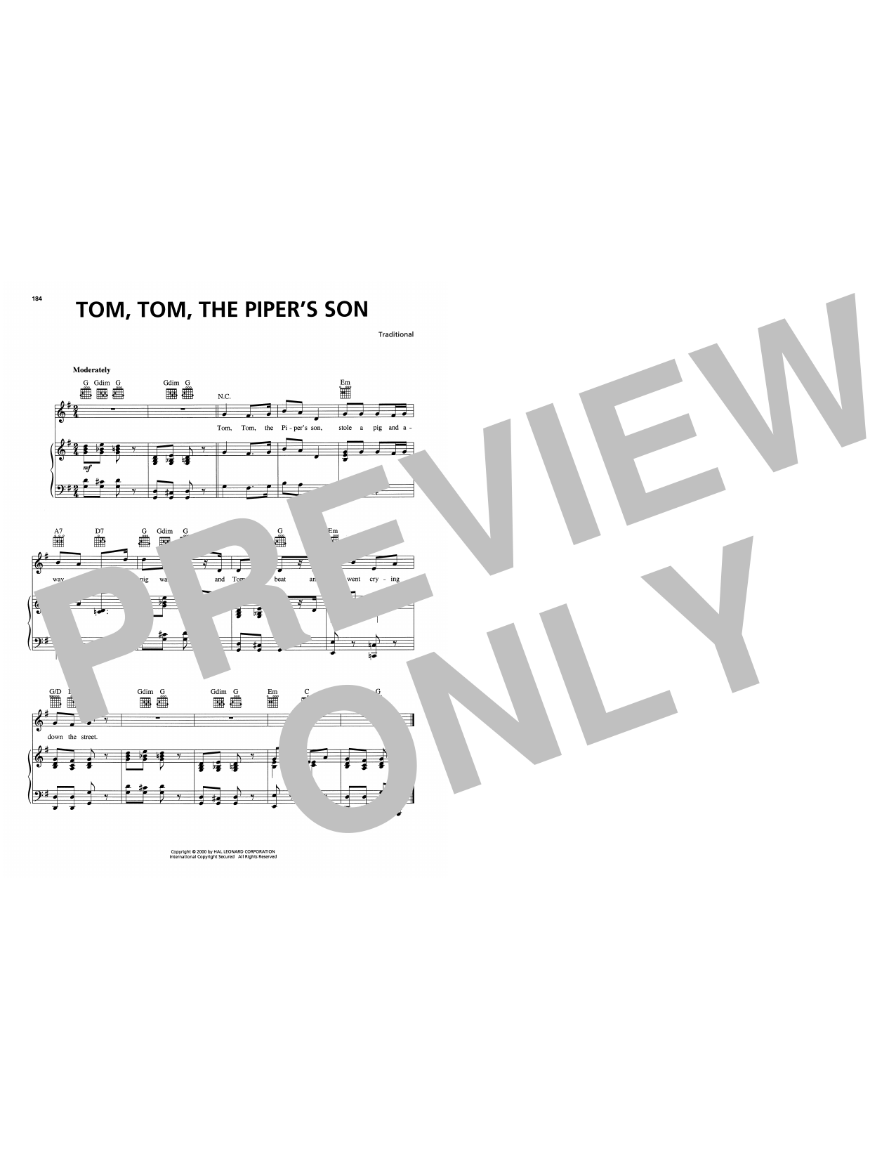 Traditional Tom, Tom, The Piper's Son sheet music, chords, lyrics - Printable PDF for Piano, Vocal & Guitar Chords (Right-Hand Melody)