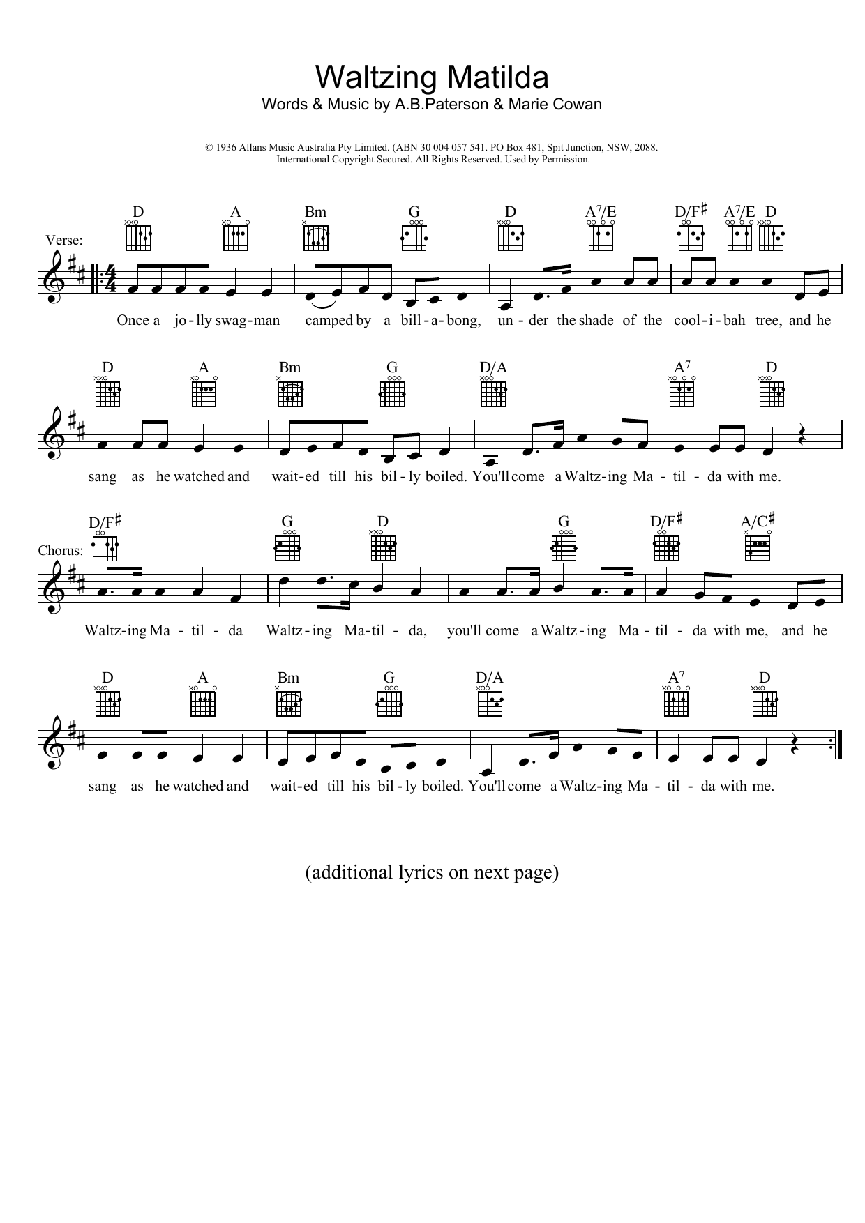 Learn to play Traditional Waltzing Matilda sheet music for Melody Line, Lyrics & Chords in minutes. Traditional Waltzing Matilda sheet music preview music notes and score for Melody Line, Lyrics & Chords including 2 page(s)