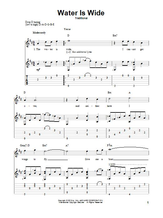 Traditional Water Is Wide sheet music preview music notes and score for Guitar Tab including 2 page(s)