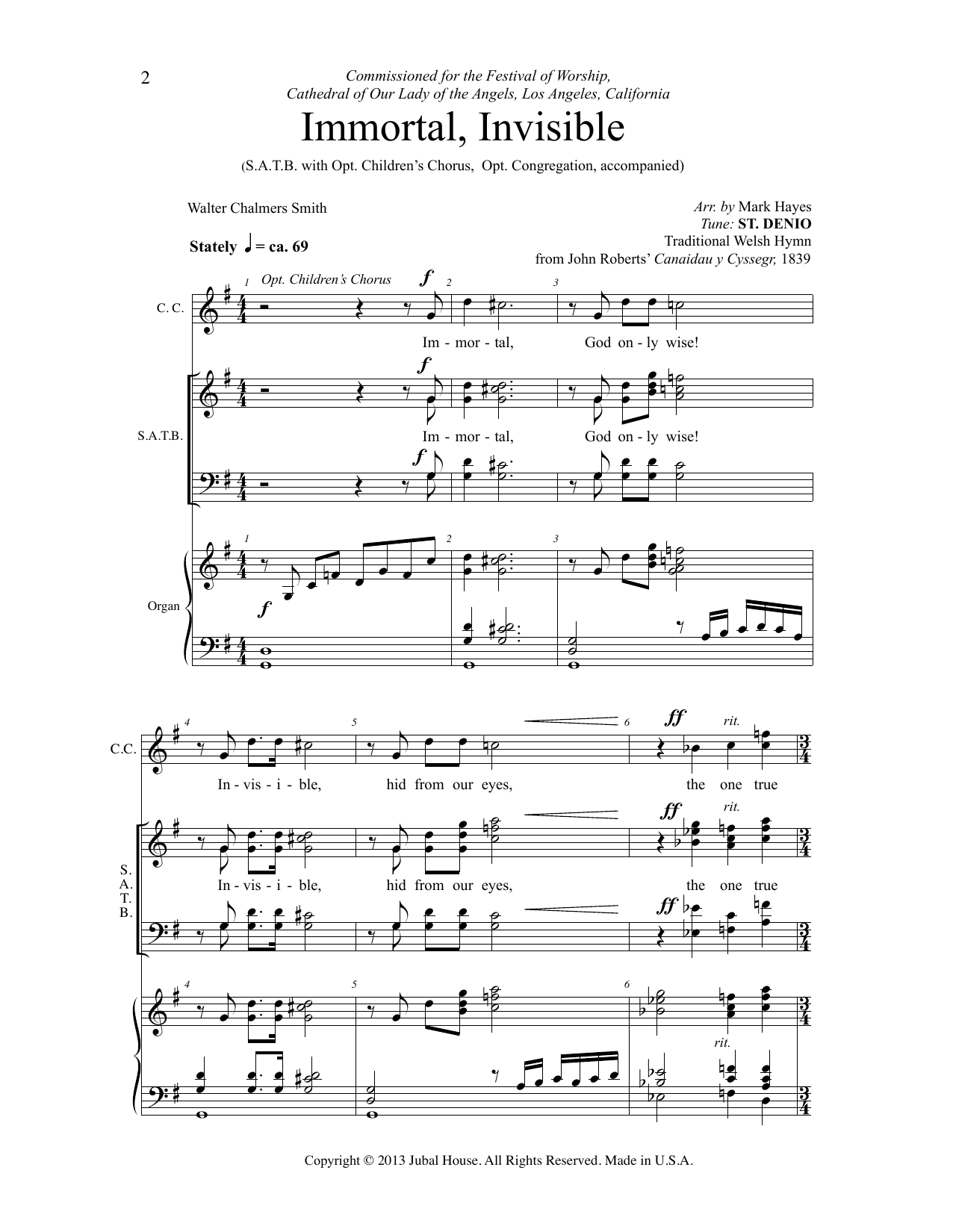 Traditional Welsh Hymn Immortal, Invisible, God Only Wise (arr. Mark Hayes) sheet music, chords, lyrics - Printable PDF for SATB Choir