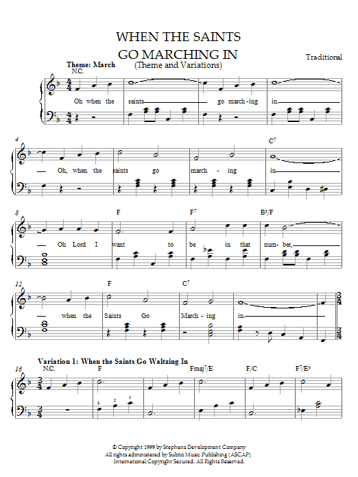 Learn to play Traditional When The Saints Go Marching In (Theme and Variations) sheet music for Easy Piano in minutes. Traditional When The Saints Go Marching In (Theme and Variations) sheet music preview music notes and score for Easy Piano including 3 page(s)