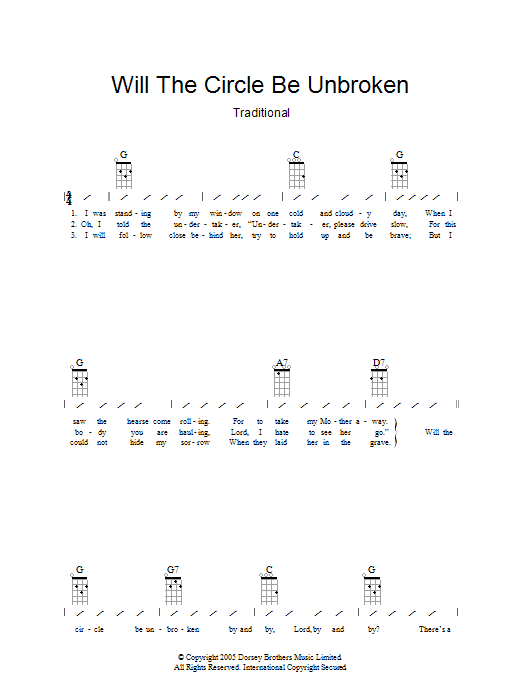 Learn to play Traditional Will The Circle Be Unbroken sheet music for Ukulele with strumming patterns in minutes. Traditional Will The Circle Be Unbroken sheet music preview music notes and score for Ukulele with strumming patterns including 2 page(s)