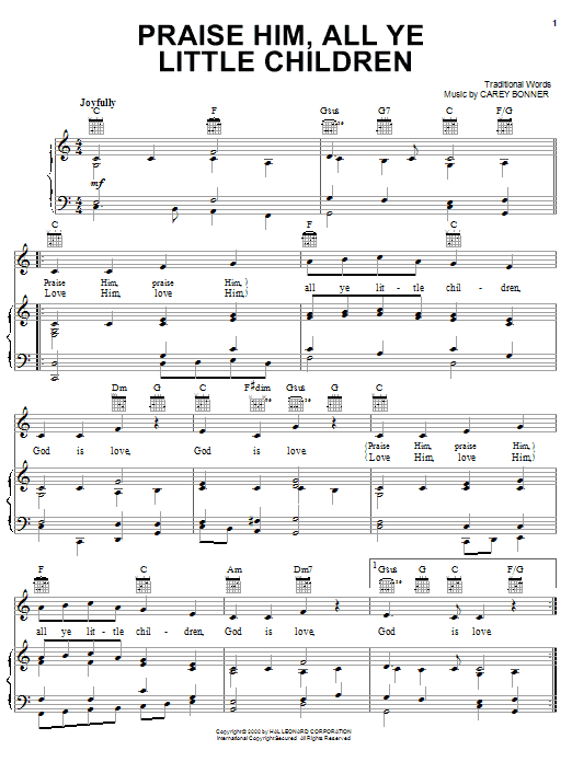 Traditional Words Praise Him, All Ye Little Children sheet music, chords, lyrics - Printable PDF for Piano, Vocal & Guitar (Right-Hand Melody)
