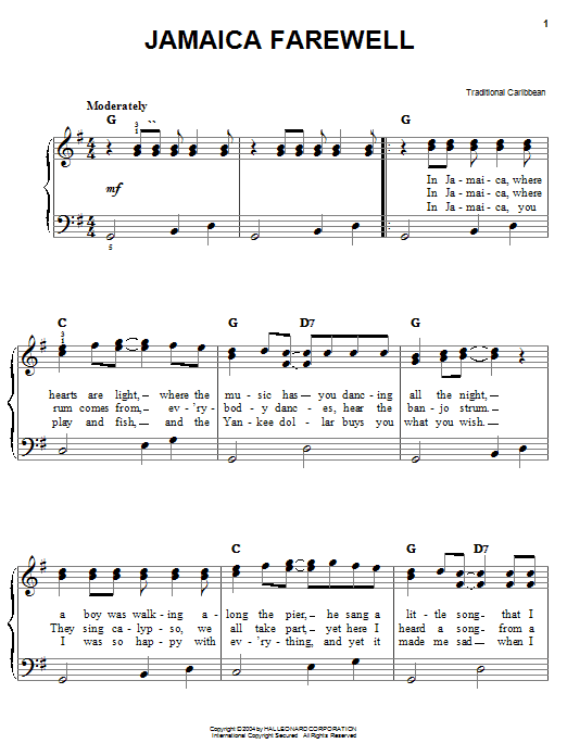 Learn to play Traditional Caribbean Jamaica Farewell sheet music for Piano, Vocal & Guitar (Right-Hand Melody) in minutes. Traditional Caribbean Jamaica Farewell sheet music preview music notes and score for Piano, Vocal & Guitar (Right-Hand Melody) including 2 page(s)