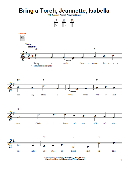 Learn to play Traditional Carol Bring A Torch, Jeannette, Isabella sheet music for Ukulele in minutes. Traditional Carol Bring A Torch, Jeannette, Isabella sheet music preview music notes and score for Ukulele including 2 page(s)