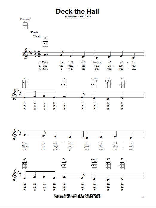 Learn to play Traditional Carol Deck The Hall sheet music for Ukulele in minutes. Traditional Carol Deck The Hall sheet music preview music notes and score for Ukulele including 2 page(s)