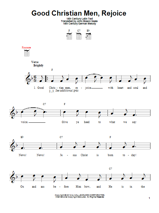 Learn to play Traditional Carol Good Christian Men, Rejoice sheet music for Ukulele in minutes. Traditional Carol Good Christian Men, Rejoice sheet music preview music notes and score for Ukulele including 2 page(s)