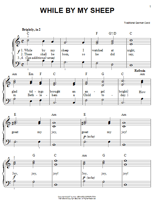 Learn to play Traditional Carol While By My Sheep sheet music for Easy Piano in minutes. Traditional Carol While By My Sheep sheet music preview music notes and score for Easy Piano including 2 page(s)