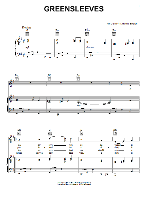 Traditional Greensleeves sheet music preview music notes and score for Piano & Vocal including 2 page(s)