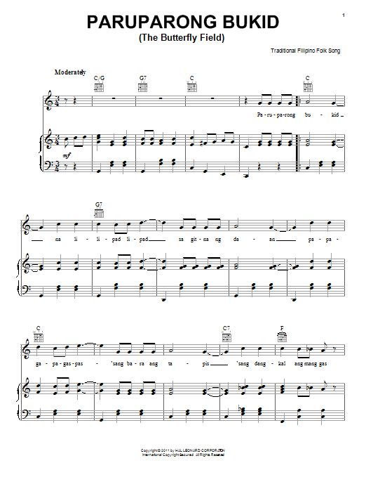 Traditional Filipino Folk Song Paruparong Bukid (The Butterfly Field) sheet music preview music notes and score for Piano, Vocal & Guitar (Right-Hand Melody) including 2 page(s)