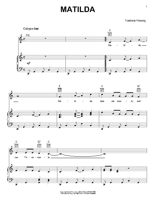 Learn to play Traditional Folk Song Matilda sheet music for Piano, Vocal & Guitar (Right-Hand Melody) in minutes. Traditional Folk Song Matilda sheet music preview music notes and score for Piano, Vocal & Guitar (Right-Hand Melody) including 2 page(s)