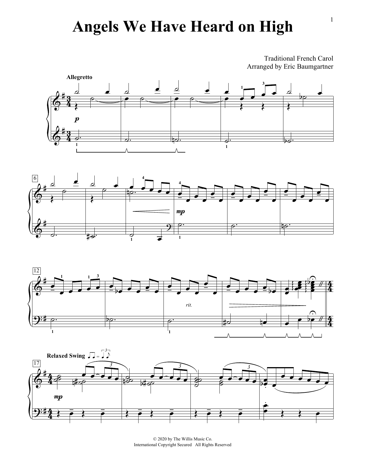 Traditional French Carol Angels We Have Heard On High [Jazz version] (arr. Eric Baumgartner) sheet music preview music notes and score for Educational Piano including 4 page(s)