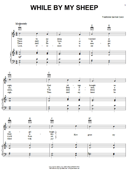 Traditional Carol While By My Sheep sheet music preview music notes and score for Piano, Vocal & Guitar (Right-Hand Melody) including 2 page(s)