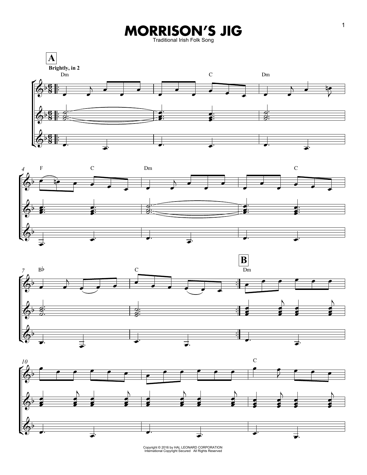 Traditional Irish Folk Song Morrison's Jig sheet music preview music notes and score for Guitar Ensemble including 2 page(s)