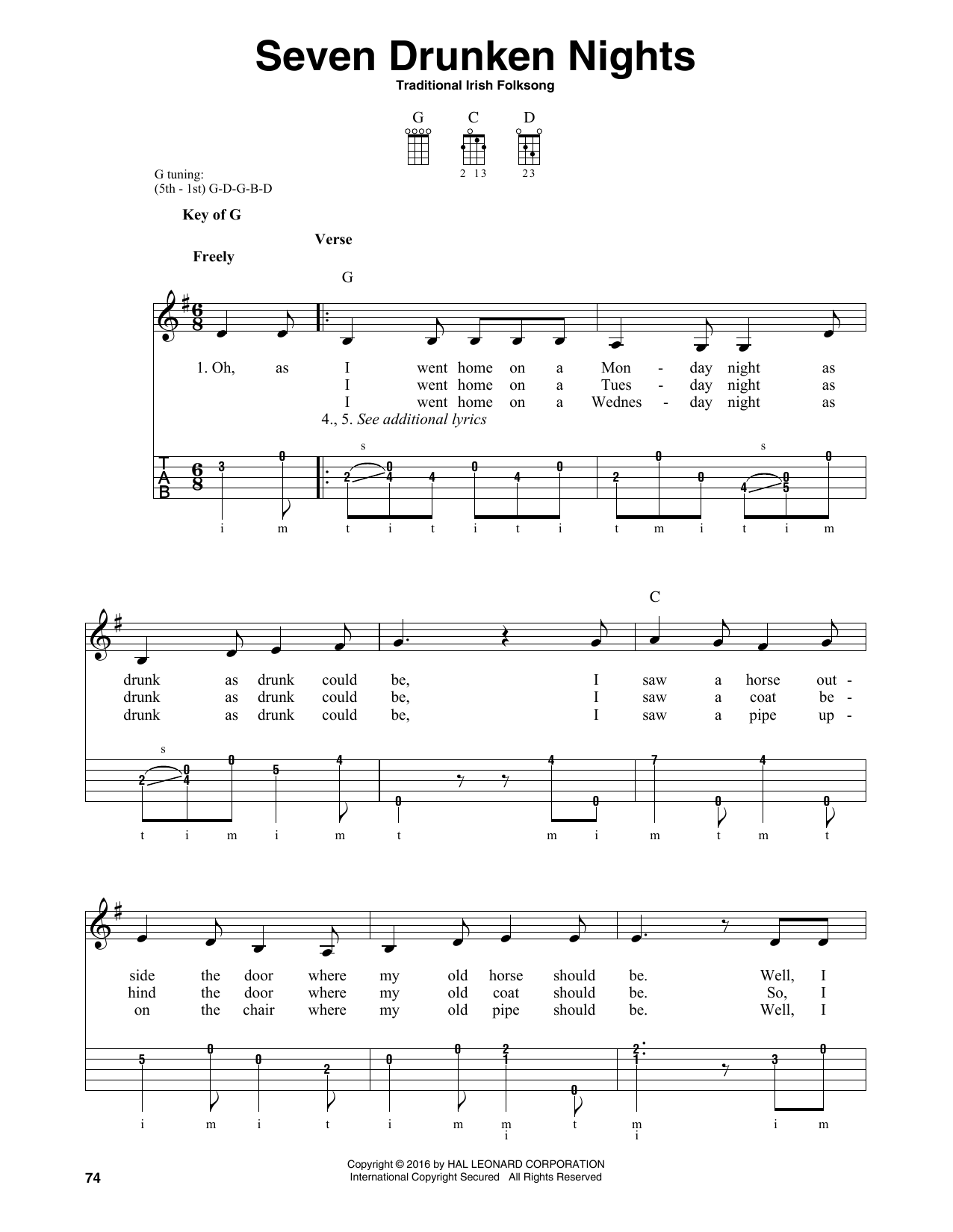 Traditional Irish Folk Song Seven Drunken Nights sheet music preview music notes and score for Ukulele including 3 page(s)