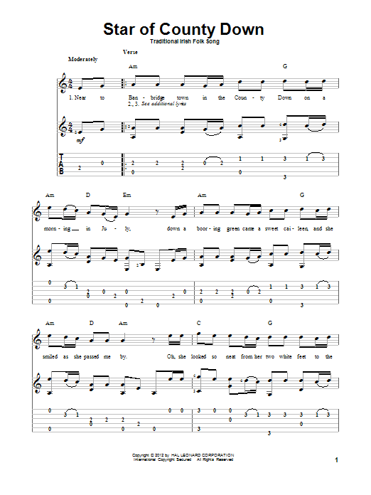 Learn to play Irish Folksong Star Of County Down sheet music for Guitar Tab in minutes. Irish Folksong Star Of County Down sheet music preview music notes and score for Guitar Tab including 3 page(s)