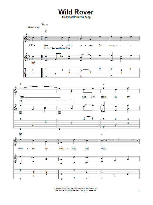 Learn to play Irish Folksong Wild Rover sheet music for Guitar Tab in minutes. Irish Folksong Wild Rover sheet music preview music notes and score for Guitar Tab including 4 page(s)