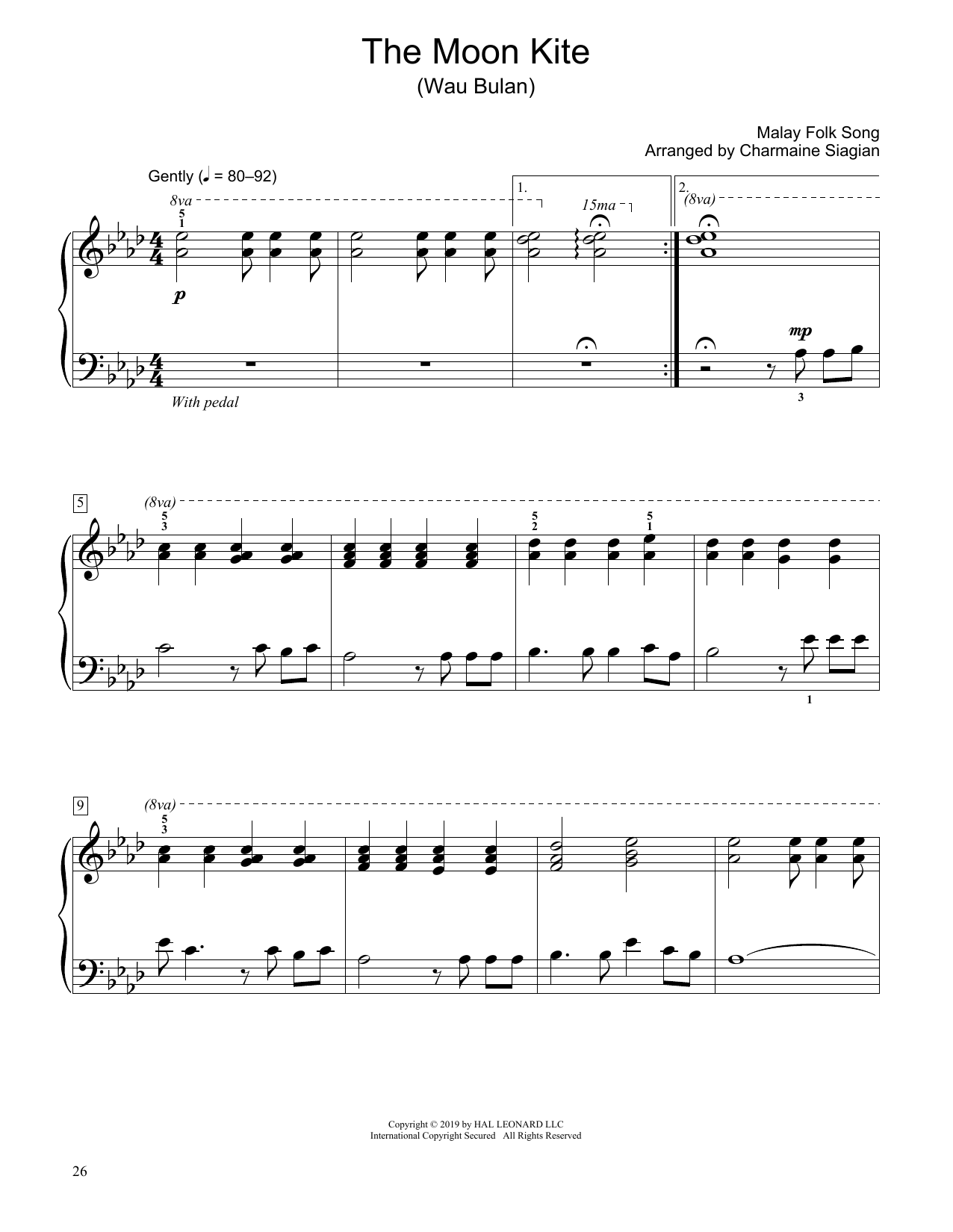 Learn to play Traditional Malay Folk Song The Moon Kite (Wau Bulan) (arr. Charmaine Siagian) sheet music for Educational Piano in minutes. Traditional Malay Folk Song The Moon Kite (Wau Bulan) (arr. Charmaine Siagian) sheet music preview music notes and score for Educational Piano including 2 page(s)