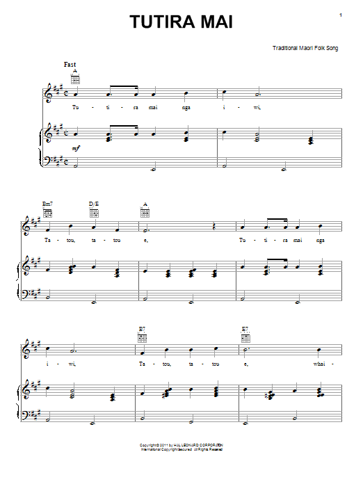 Learn to play Traditional Maori Folk Song Tutira Mai sheet music for Piano, Vocal & Guitar (Right-Hand Melody) in minutes. Traditional Maori Folk Song Tutira Mai sheet music preview music notes and score for Piano, Vocal & Guitar (Right-Hand Melody) including 2 page(s)