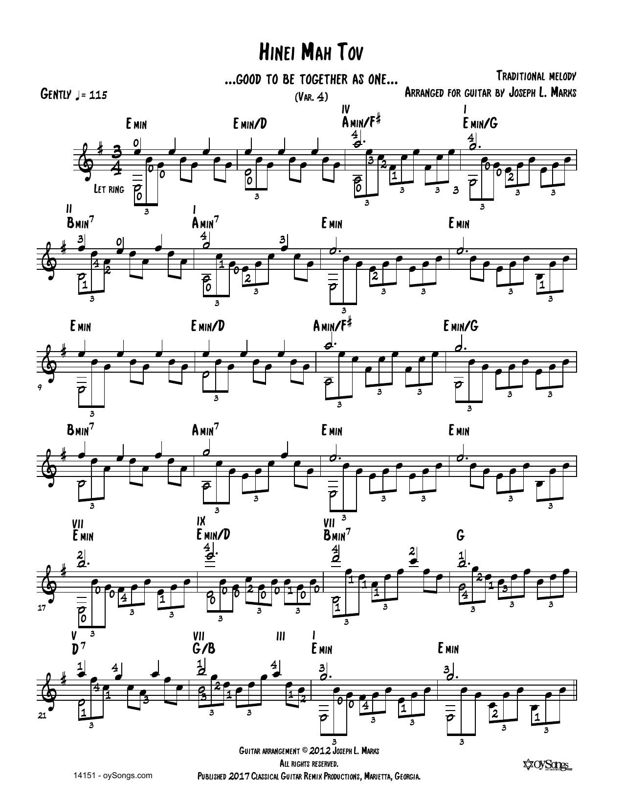 Learn to play Traditional Melody Heiveinu Shalom Aleichem Vars 1, 2, 3 (arr. Joe Marks) sheet music for Solo Guitar Tab in minutes. Traditional Melody Heiveinu Shalom Aleichem Vars 1, 2, 3 (arr. Joe Marks) sheet music preview music notes and score for Solo Guitar Tab including 2 page(s)
