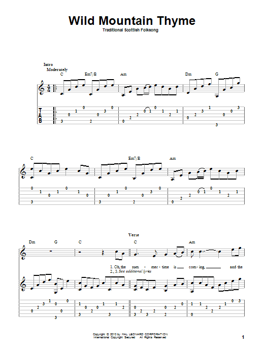 Learn to play Traditional Scottish Folksong Wild Mountain Thyme sheet music for Banjo in minutes. Traditional Scottish Folksong Wild Mountain Thyme sheet music preview music notes and score for Banjo including 2 page(s)