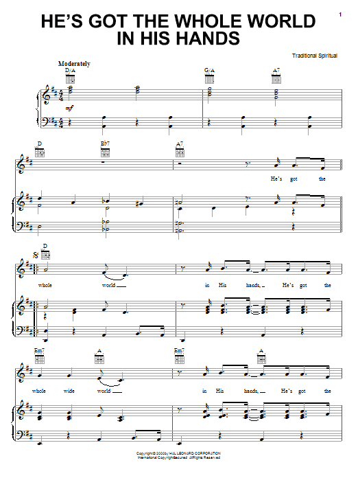African-American Spiritual He's Got The Whole World In His Hands sheet music preview music notes and score for Piano, Vocal & Guitar (Right-Hand Melody) including 3 page(s)