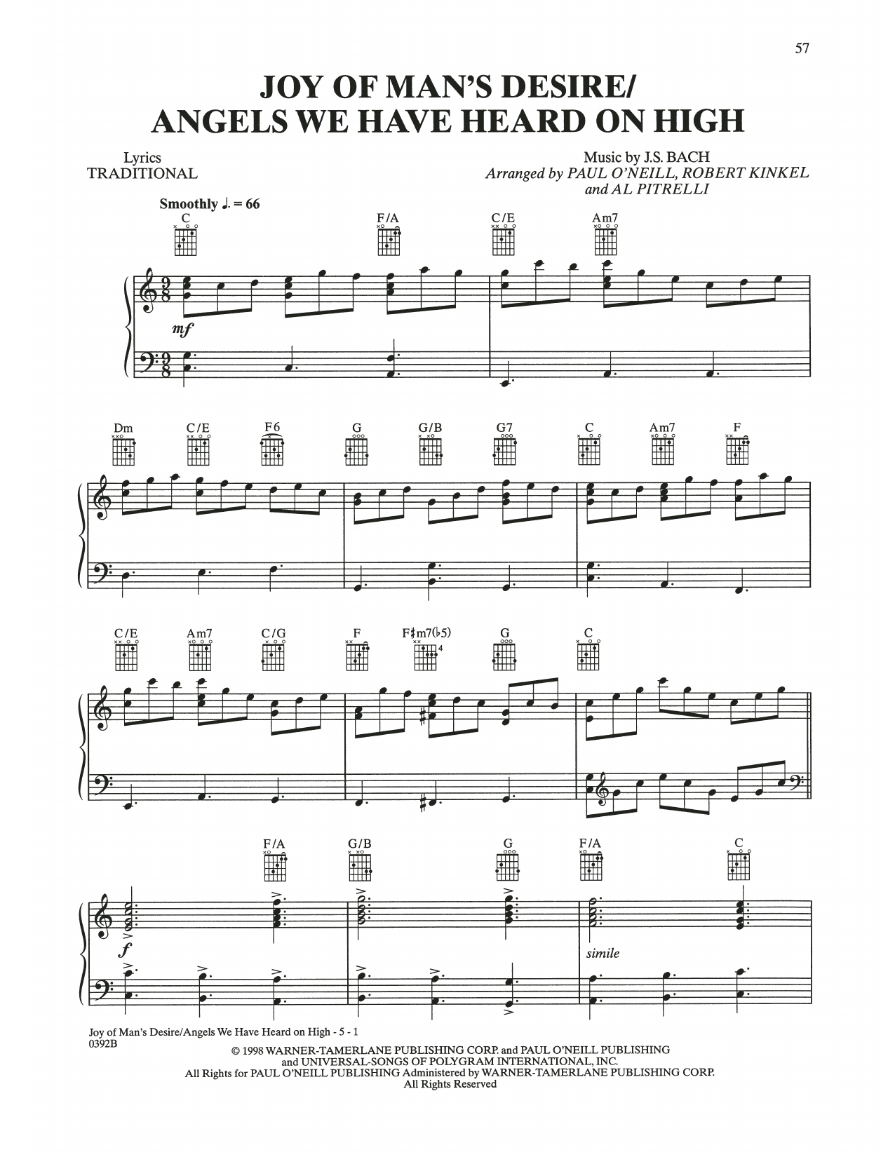 Trans-Siberian Orchestra Joy Of Man's Desire / Angels We Have Heard On High sheet music, chords, lyrics - Printable PDF for Piano, Vocal & Guitar (Right-Hand Melody)