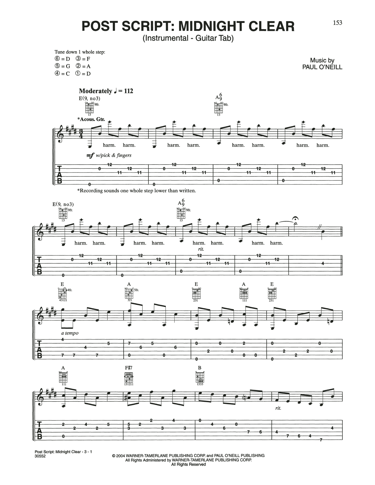 Trans-Siberian Orchestra Post Script: Midnight Clear sheet music, chords, lyrics - Printable PDF for Piano Solo