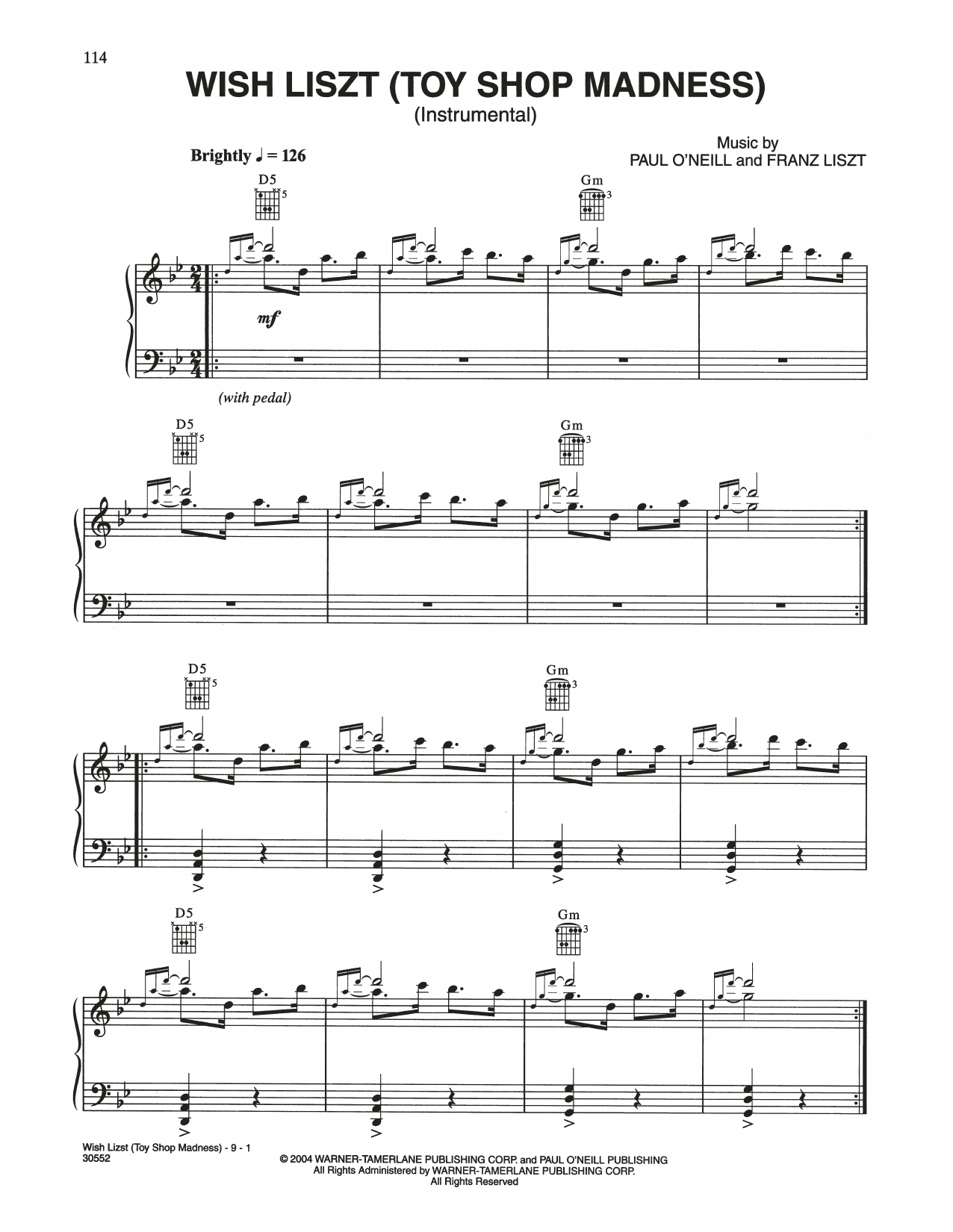 Trans-Siberian Orchestra Wish Liszt (Toy Shop Madness) sheet music, chords, lyrics - Printable PDF for Piano Solo