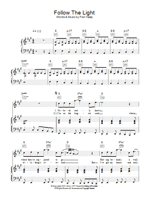 Learn to play Travis Follow The Light sheet music for Piano, Vocal & Guitar in minutes. Travis Follow The Light sheet music preview music notes and score for Piano, Vocal & Guitar including 4 page(s)