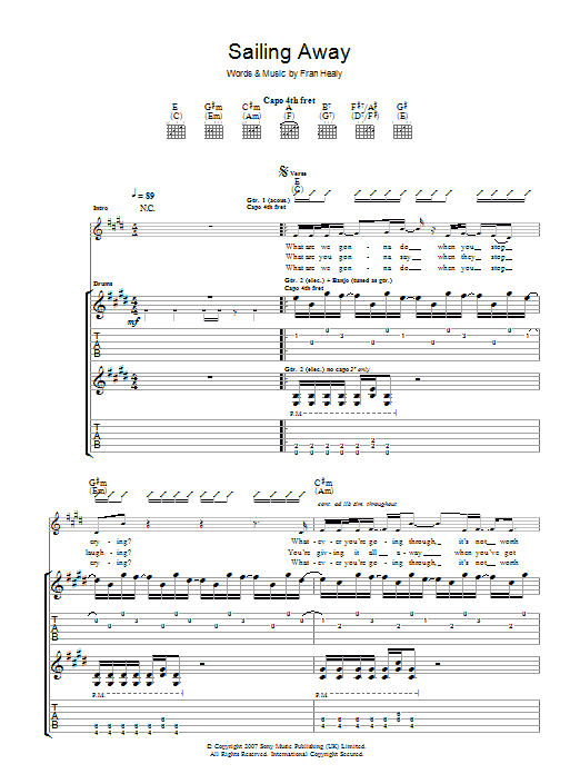 Travis Sailing Away sheet music preview music notes and score for Guitar Tab including 6 page(s)