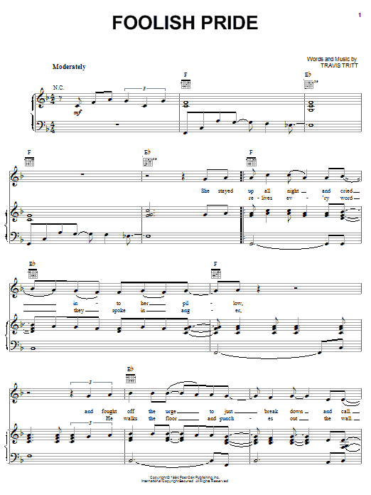 Travis Tritt Foolish Pride sheet music preview music notes and score for Piano, Vocal & Guitar (Right-Hand Melody) including 6 page(s)