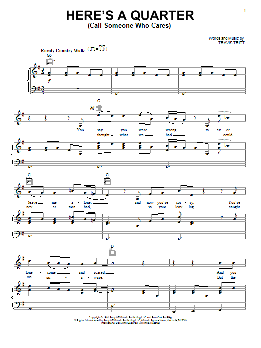 Travis Tritt Here's A Quarter (Call Someone Who Cares) sheet music preview music notes and score for Lyrics & Chords including 2 page(s)