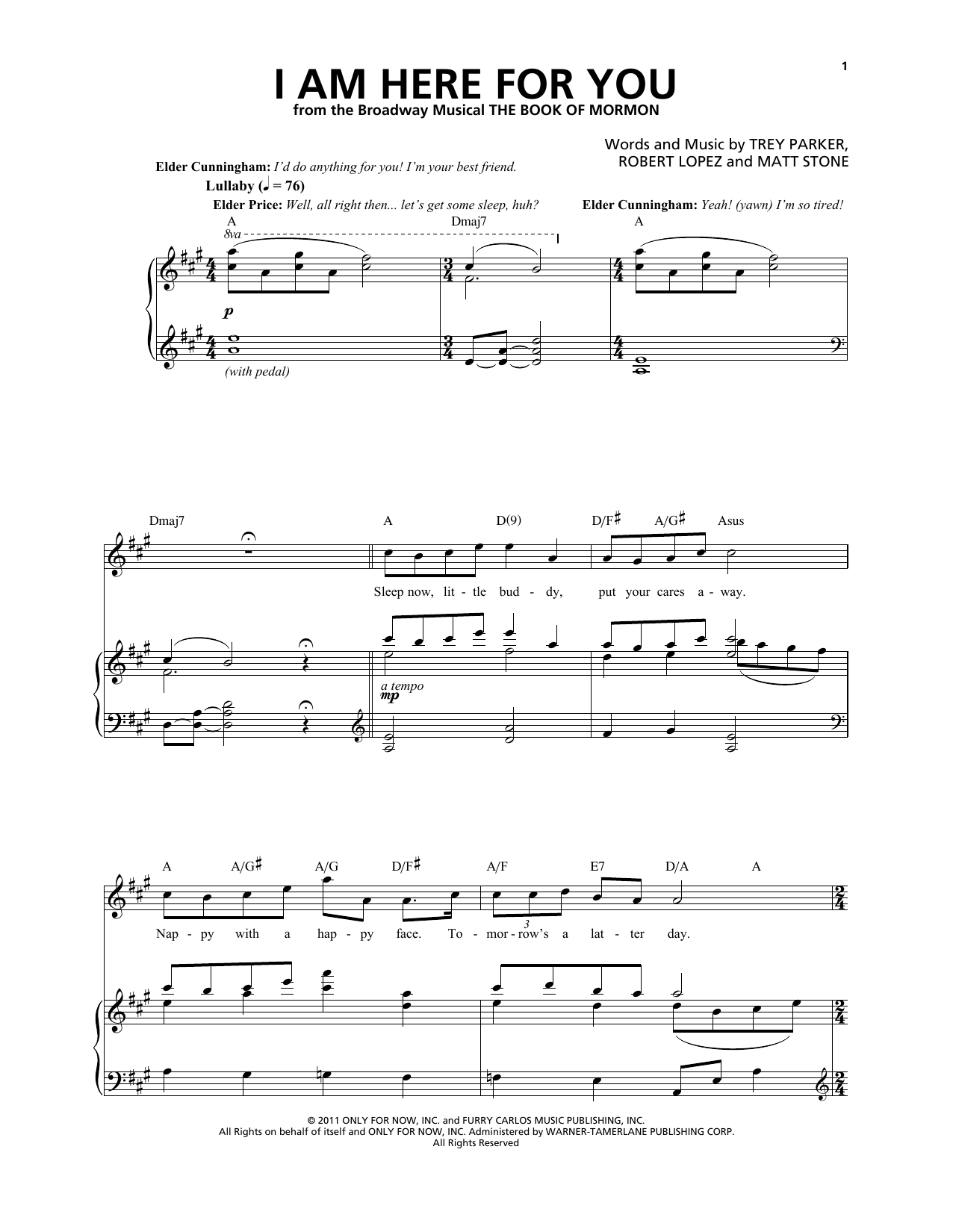 Trey Parker & Matt Stone I Am Here For You sheet music, chords, lyrics - Printable PDF for Piano & Vocal