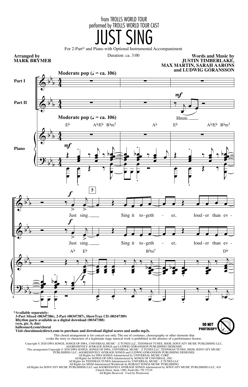 Trolls World Tour Cast Just Sing (from Trolls World Tour) (arr. Mark Brymer) sheet music, chords, lyrics - Printable PDF for 3-Part Mixed Choir