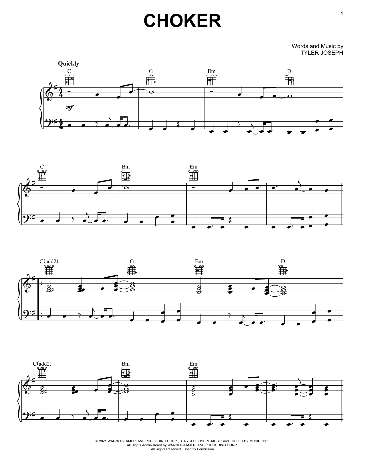 Learn to play Twenty One Pilots Choker sheet music for Piano, Vocal & Guitar (Right-Hand Melody) in minutes. Twenty One Pilots Choker sheet music preview music notes and score for Piano, Vocal & Guitar (Right-Hand Melody) including 6 page(s)
