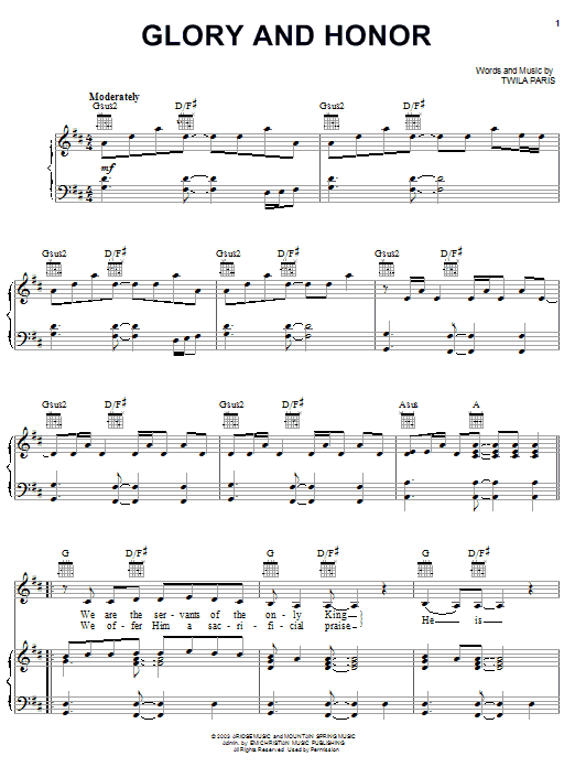 Twila Paris Glory And Honor sheet music, chords, lyrics - Printable PDF for Piano, Vocal & Guitar (Right-Hand Melody)