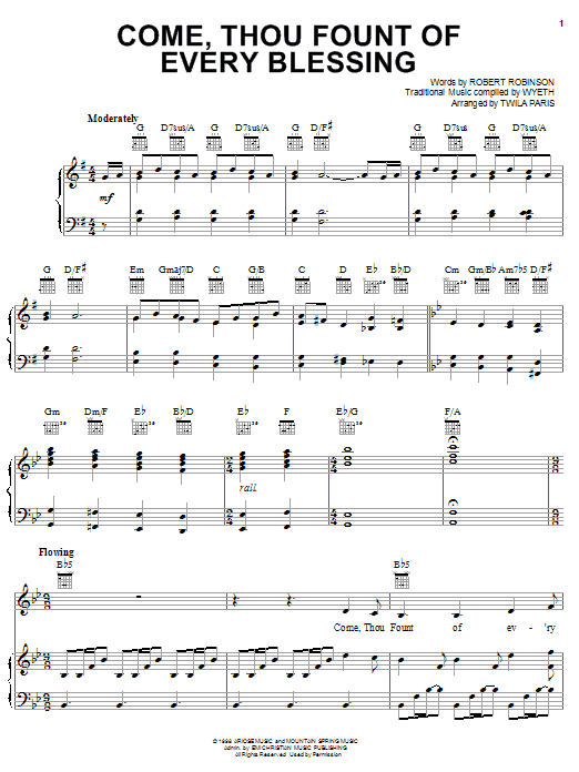 Twila Paris Come, Thou Fount of Every Blessing sheet music preview music notes and score for Piano, Vocal & Guitar (Right-Hand Melody) including 6 page(s)