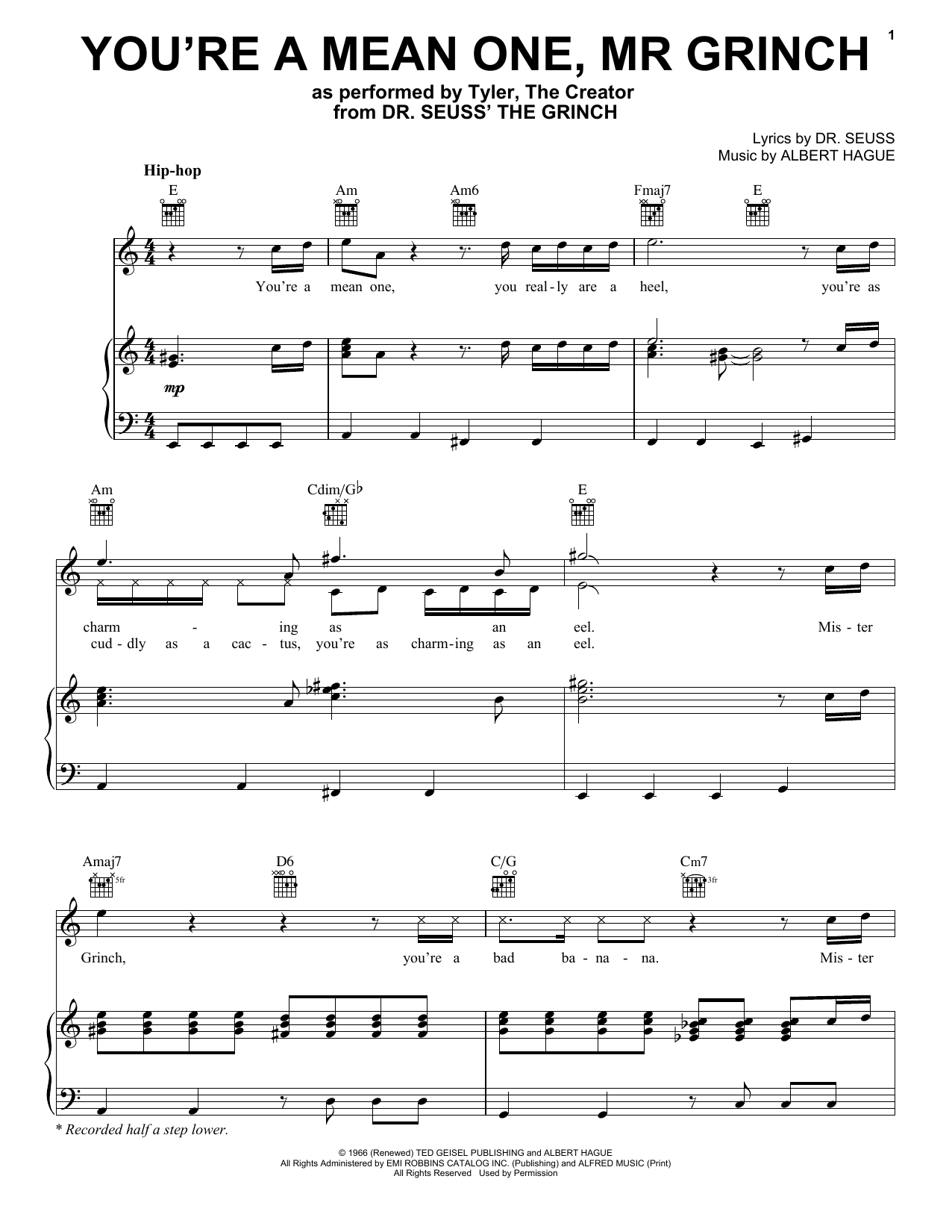 Tyler, The Creator You're A Mean One, Mr. Grinch (from The Grinch) sheet music, chords, lyrics - Printable PDF for Piano, Vocal & Guitar (Right-Hand Melody)