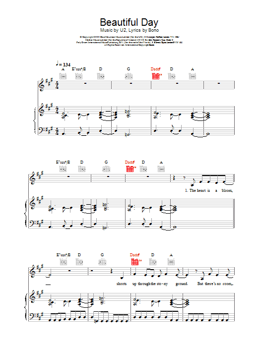 Download U2 Beautiful Day sheet music notes and chords for Piano, Vocal & Guitar - Download Printable PDF and start playing in minutes.