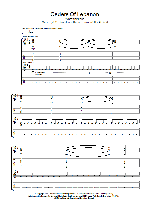 U2 Cedars Of Lebanon sheet music preview music notes and score for Guitar Tab including 9 page(s)