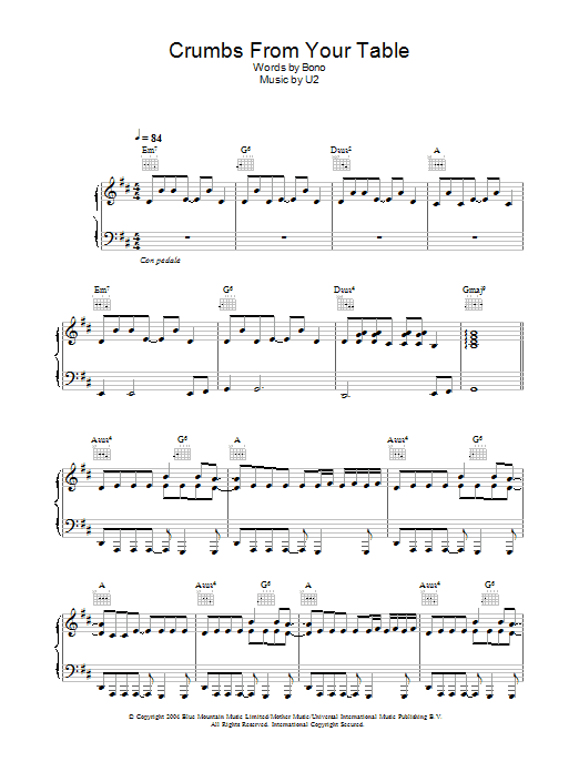 Learn to play U2 Crumbs From Your Table sheet music for Piano, Vocal & Guitar (Right-Hand Melody) in minutes. U2 Crumbs From Your Table sheet music preview music notes and score for Piano, Vocal & Guitar (Right-Hand Melody) including 6 page(s)
