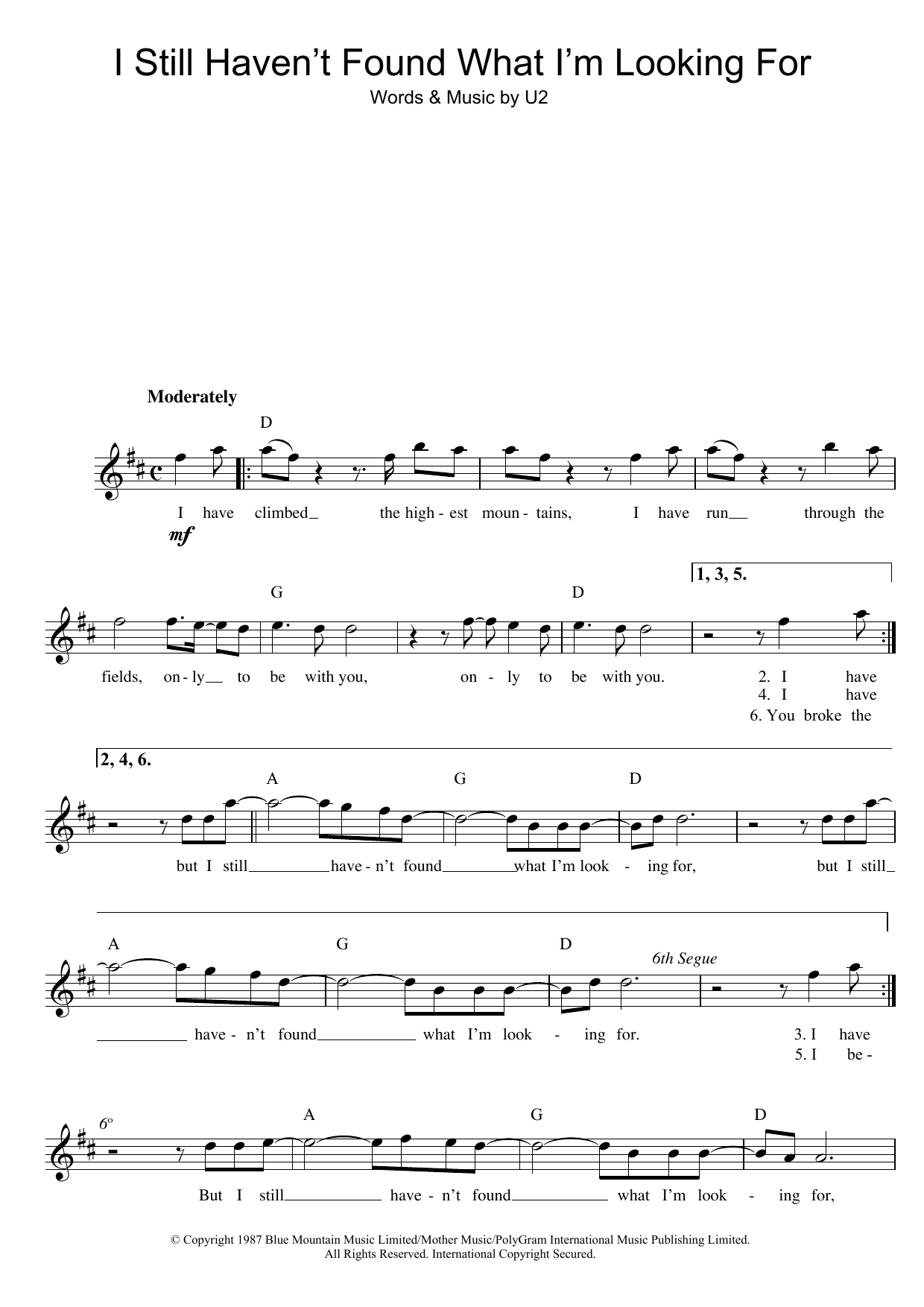 U2 I Still Haven't Found What I'm Looking For sheet music preview music notes and score for Guitar Tab including 8 page(s)