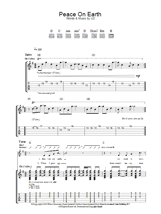 U2 Peace On Earth sheet music preview music notes and score for Guitar Tab including 7 page(s)