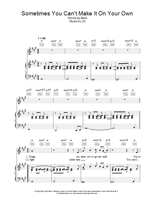 U2 Sometimes You Can't Make It On Your Own sheet music preview music notes and score for Piano, Vocal & Guitar (Right-Hand Melody) including 7 page(s)