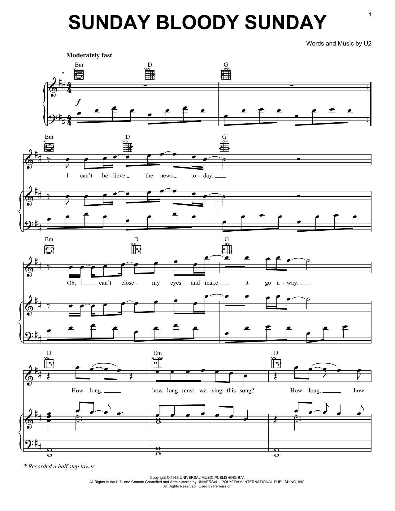 U2 Sunday Bloody Sunday sheet music preview music notes and score for Piano, Vocal & Guitar (Right-Hand Melody) including 8 page(s)