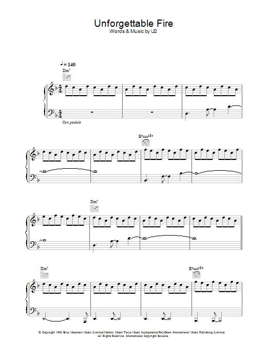 U2 The Unforgettable Fire sheet music preview music notes and score for Piano, Vocal & Guitar (Right-Hand Melody) including 10 page(s)